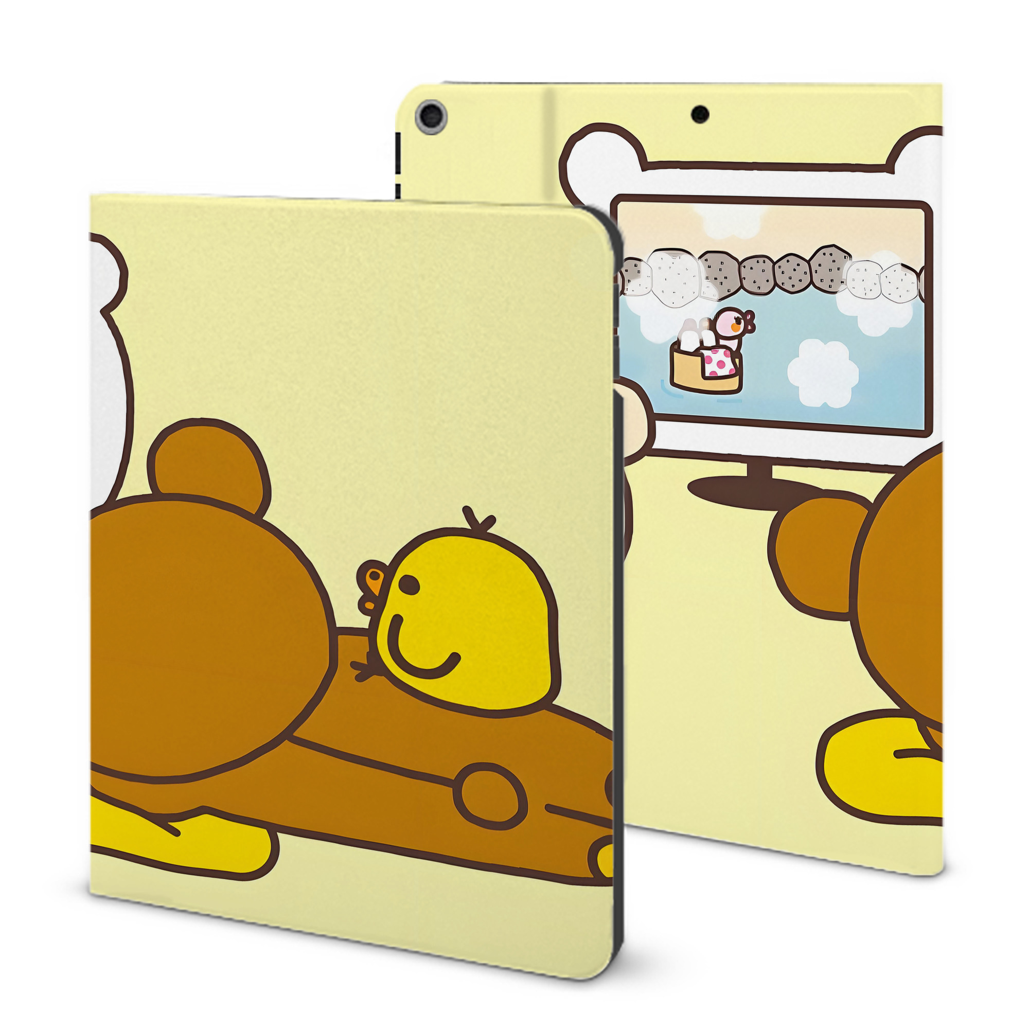 （画像用） リラックマ リラックマ キイロイトリ Rilakkuma Korilakkuma Kiiroitori IPad ケース ブック型 PUレザー TPU 耐衝撃 軽量 薄型 ペン収納なし 全面保護 IPad 各モデル対応